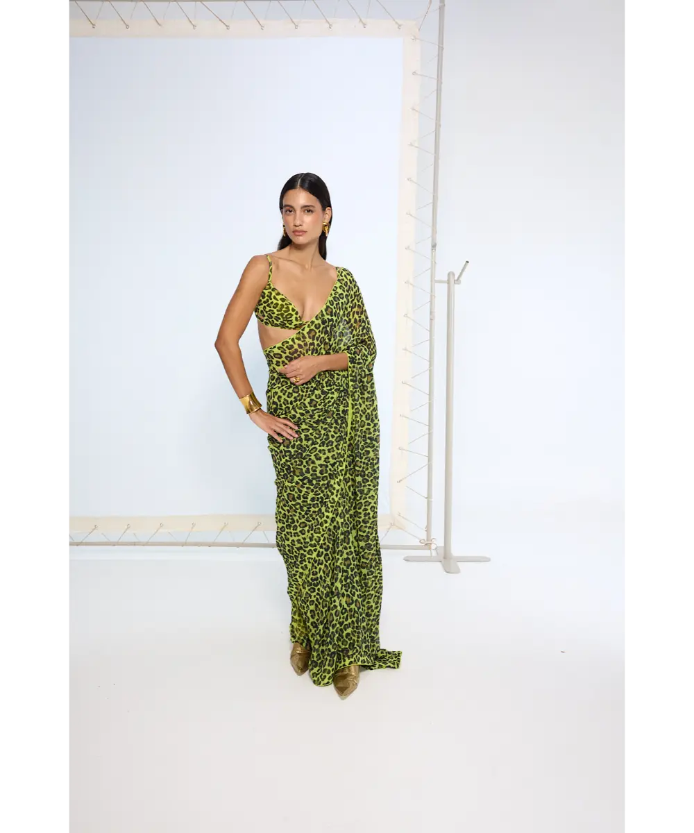 EKAYA BANARAS - Green Leopard Print Saree